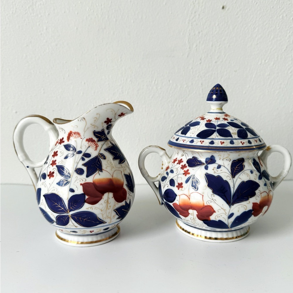 Antique Gaudy Welsh (?) floral sugar and creamer tea set